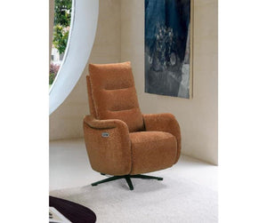 A cinnamon-colored power swivel chair with integrated USB charging ports, positioned in a room with a modern decor.