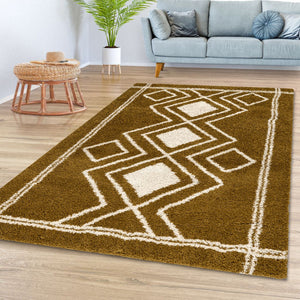 Brown and white geometric patterned rug on a wooden floor with a light blue sofa and wicker stool in the background.