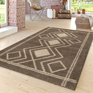 Patterned rug on a wooden floor with a living room setting