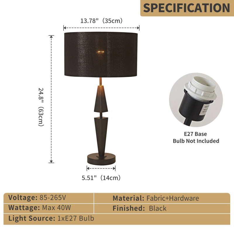 Table lamp with black shade and base, dimensions, and specifications displayed.