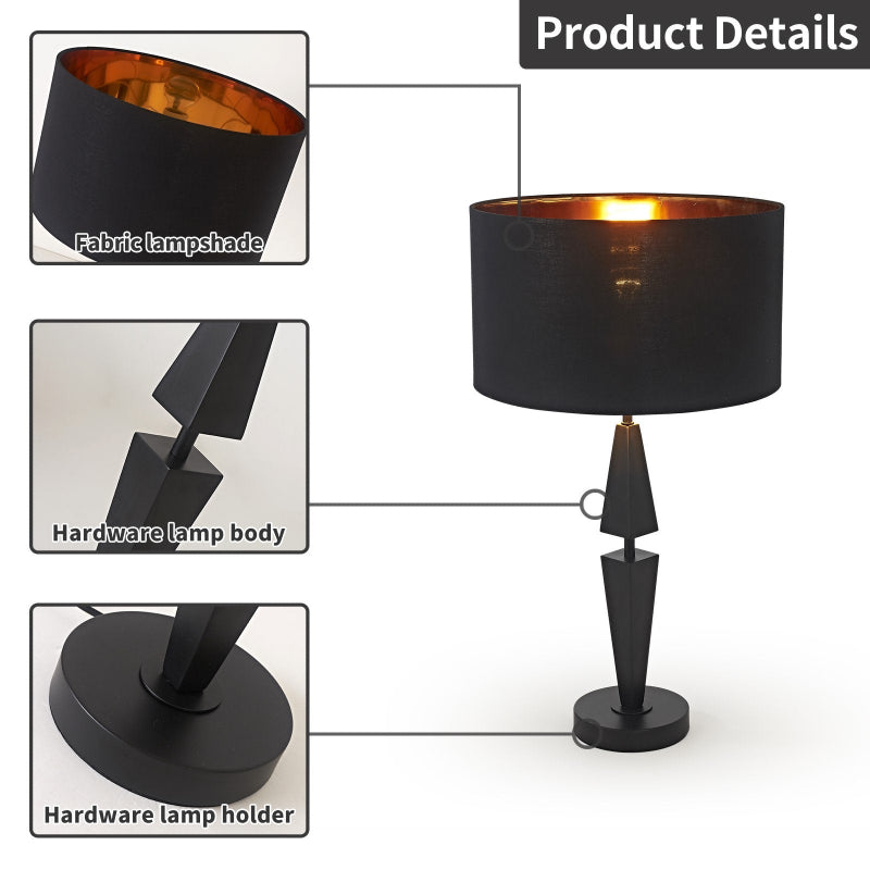 Black table lamp with fabric lampshade and hardware components labeled on a white background.