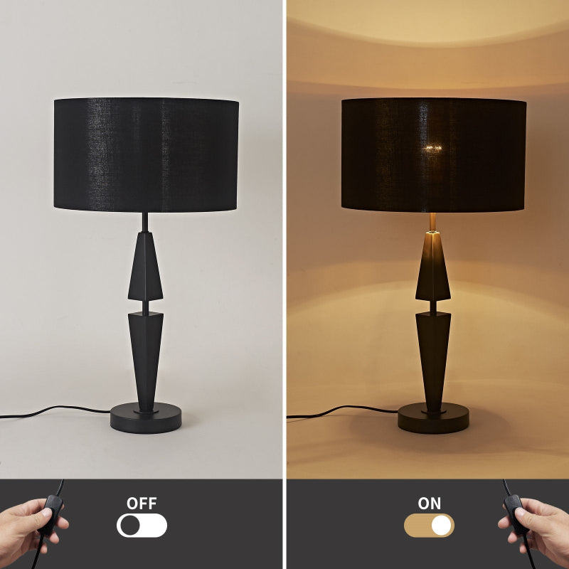 Black table lamp with on/off switch shown in two states: off and on.