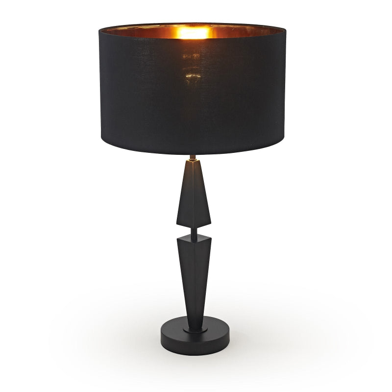 Black table lamp with a gold interior on a white background