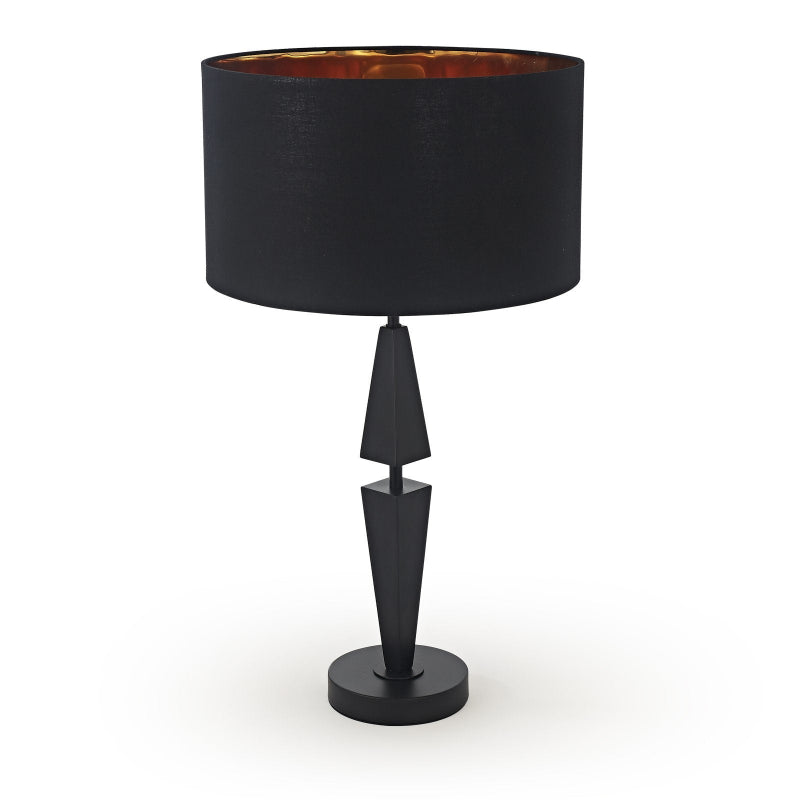 Black table lamp with a geometric base on a white background