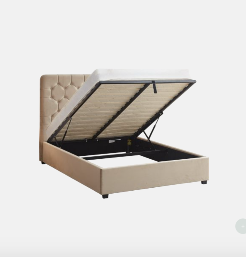 Beige upholstered bed with open storage compartment on a white background