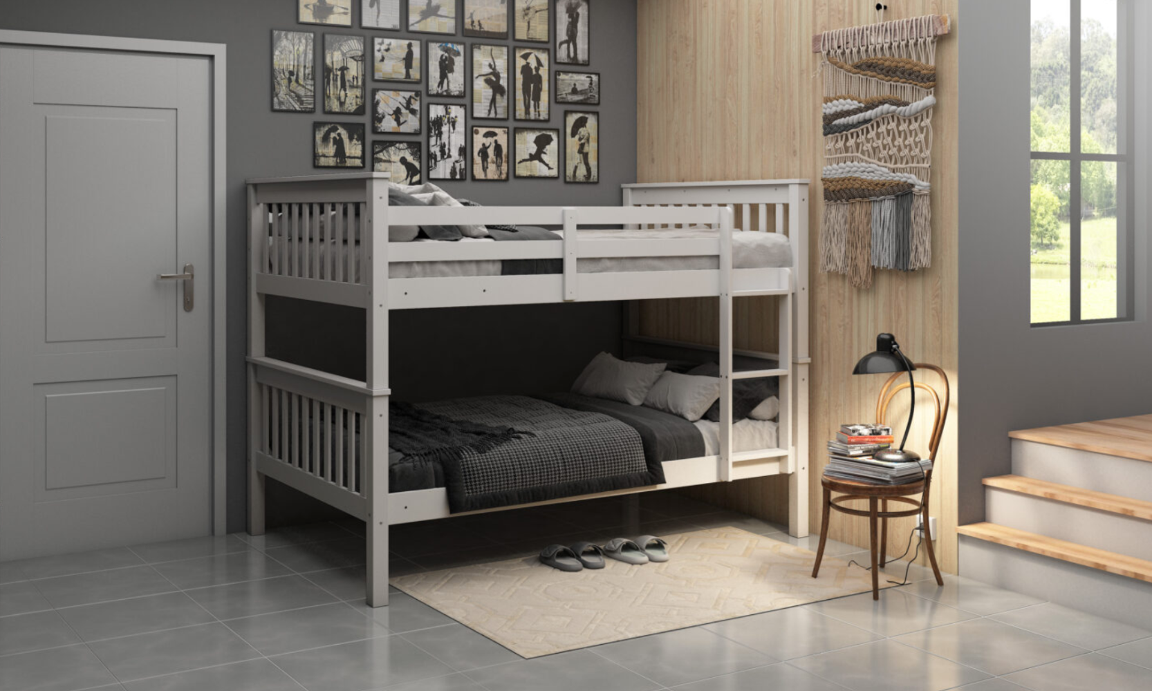 Bunk bed in a room with a chair and pictures on the wall