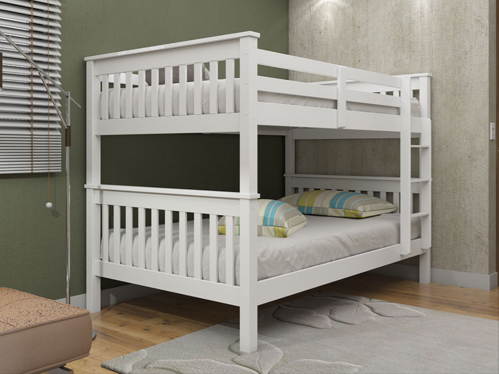 White wooden bunk bed in a room with a green wall and wooden floor.