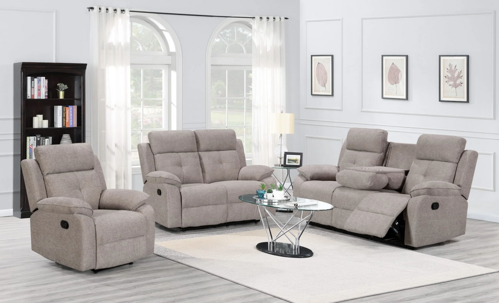 Gray reclining sofa set in a living room with white walls and decor.