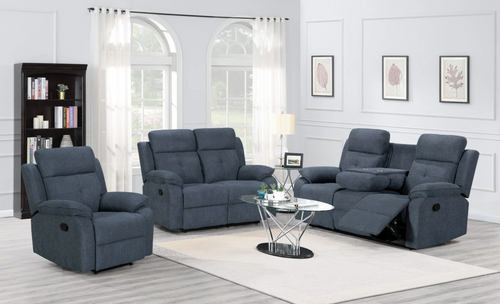 Gray reclining sofa set in a living room with white walls and decor.