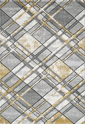 Geometric patterned rug with squares and lines in gray, white, and gold.