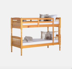 Wooden bunk bed with white bedding on a white background