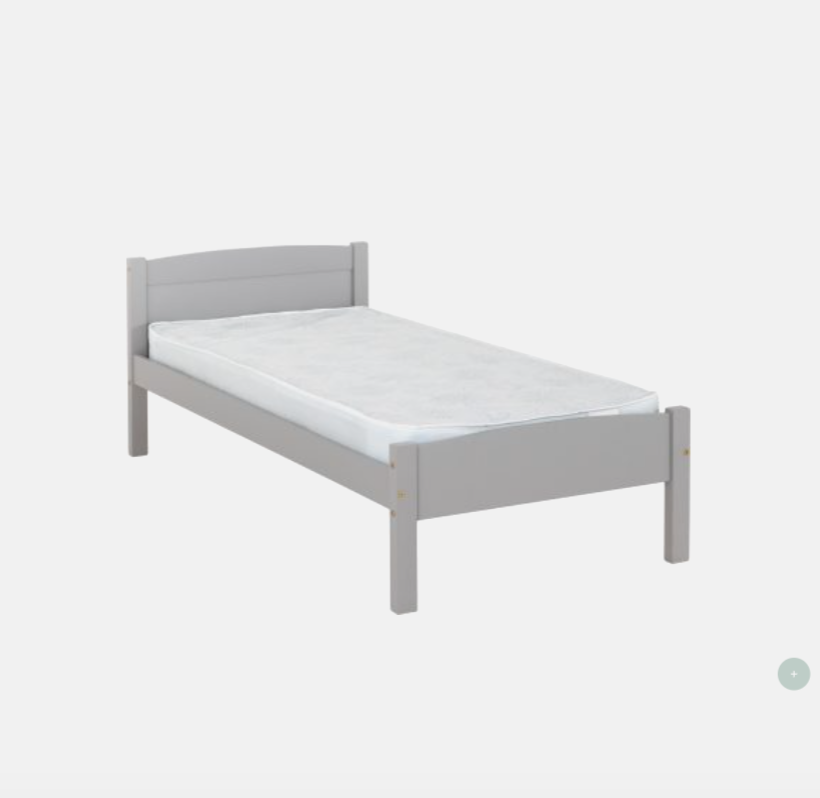 Gray bed frame with white mattress on a light gray background