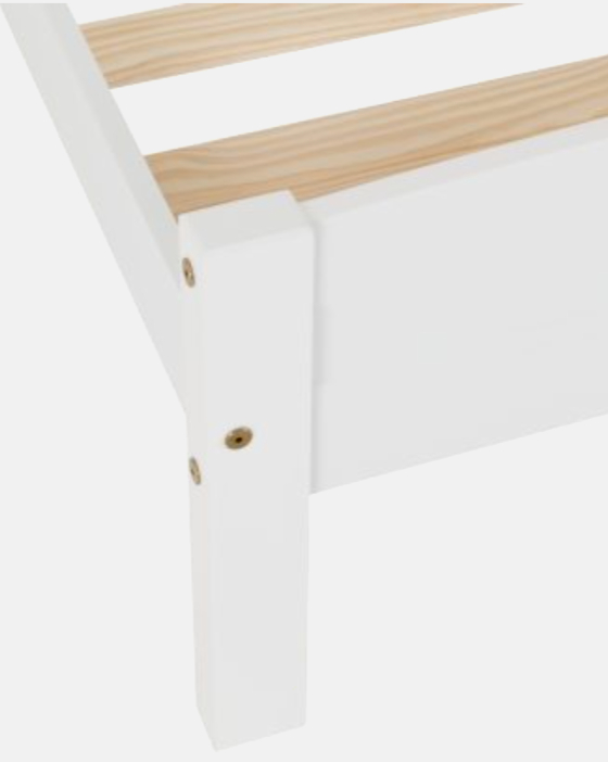 White bed frame with wooden slats on a white background
