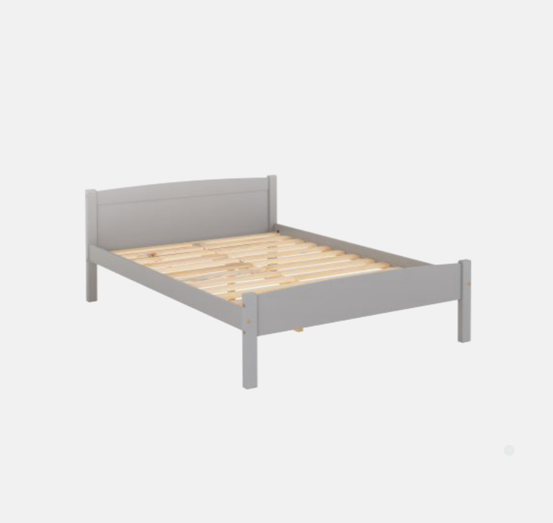 Gray bed frame with wooden slats on a white background