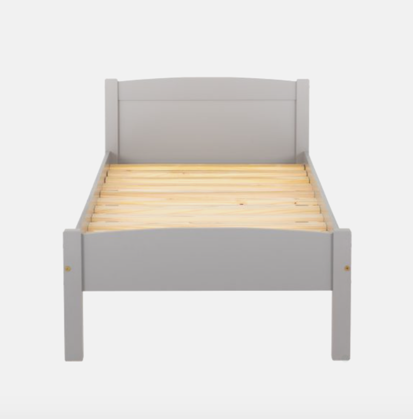 Gray bed frame with wooden slats on a white background