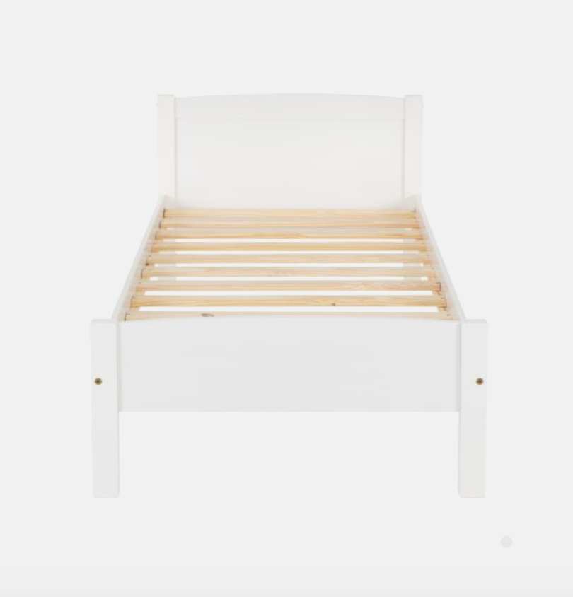 White bed frame with wooden slats on a white background