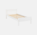 White bed frame with wooden slats on a white background