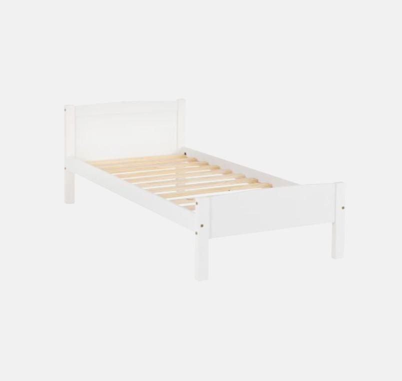 White bed frame with wooden slats on a white background
