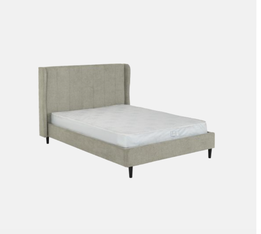 Beige upholstered bed with white mattress on a white background