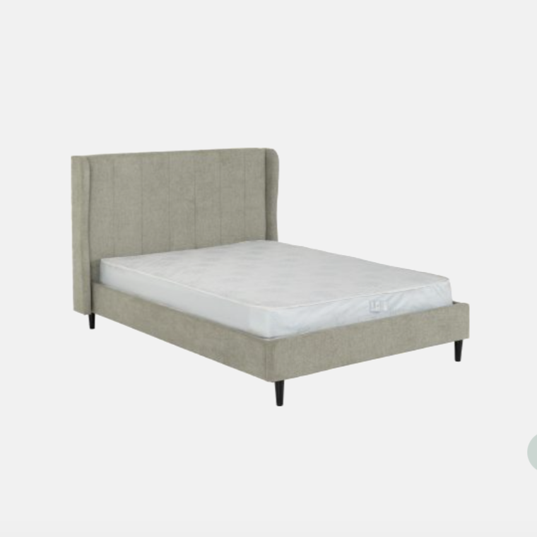 Beige upholstered bed with white mattress on a light gray background