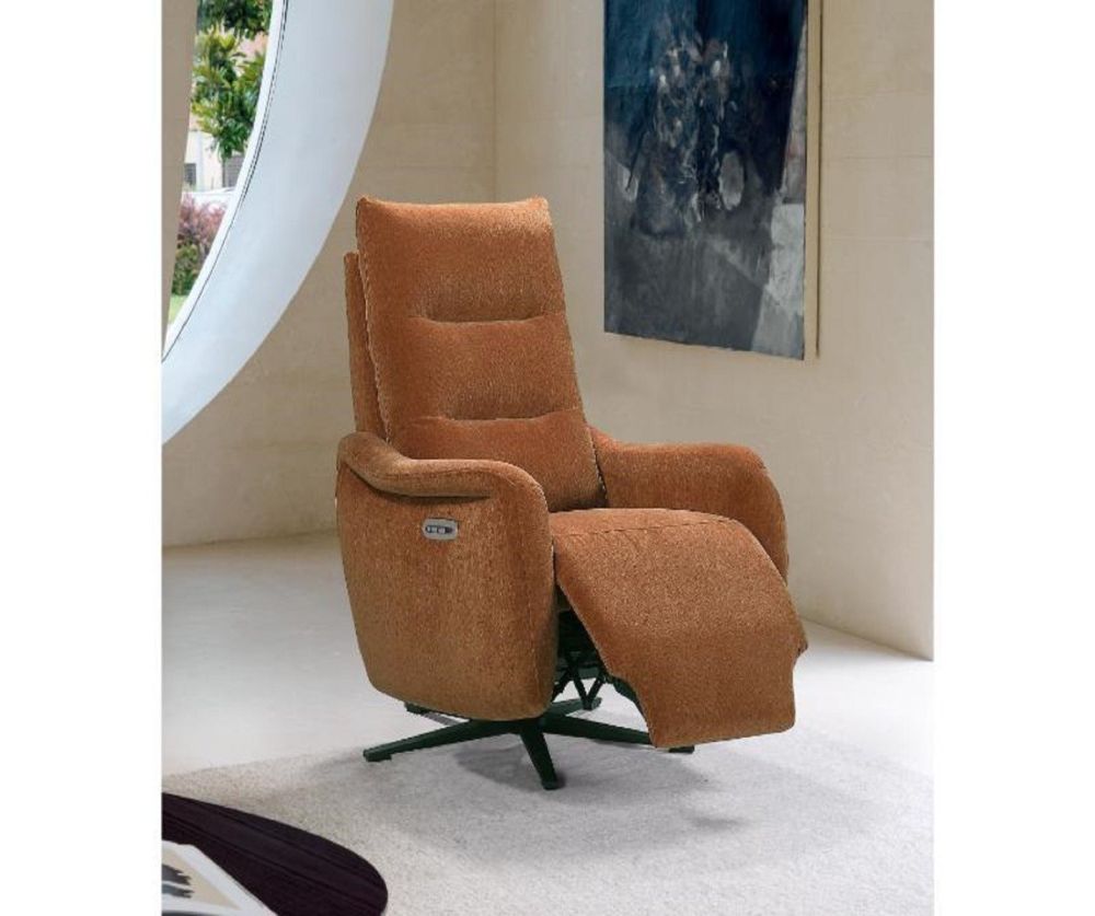 A cinnamon-colored power swivel chair with integrated USB charging ports.