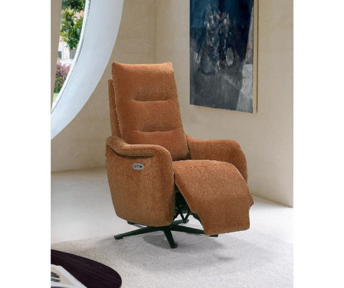 A cinnamon-colored power swivel chair with integrated USB charging ports.