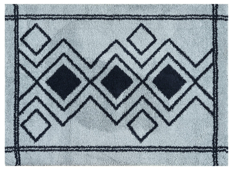 Geometric patterned rug with black diamonds on a light blue background