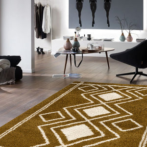 Geometric patterned rug on a wooden floor with a modern interior setting.