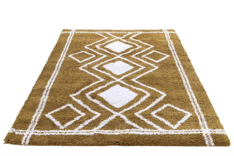 Brown rug with white geometric pattern on a white background