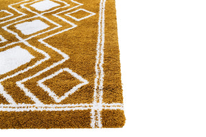 Close-up of a brown rug with white geometric patterns on a white background