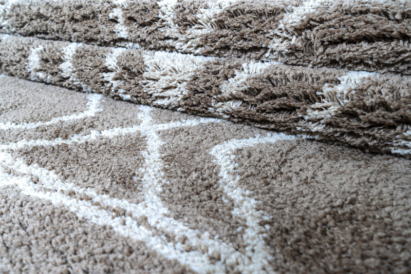 Close-up of a textured brown and white rug with geometric pattern