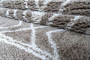 Close-up of a textured brown and white rug with geometric pattern