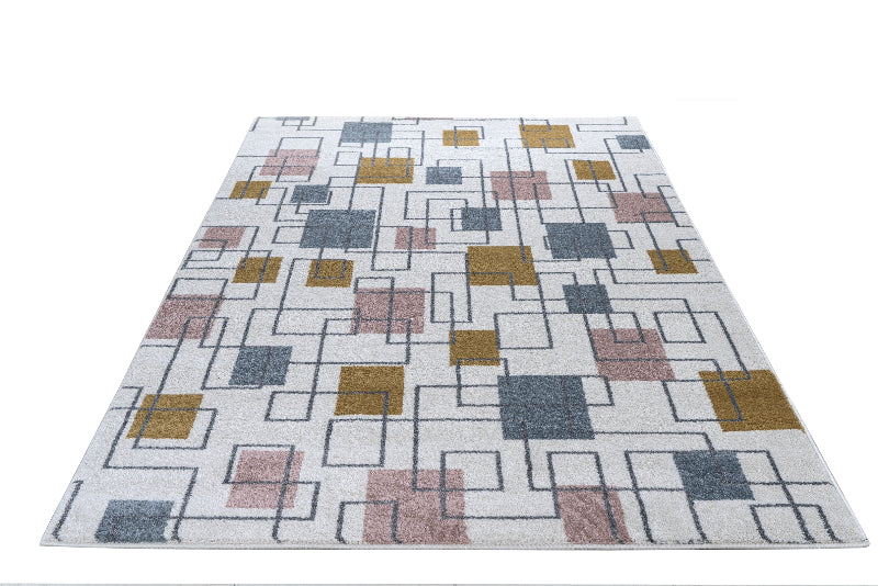 Patterned rug with geometric design on a white background