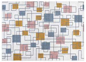 Patterned rug with geometric design on a white background