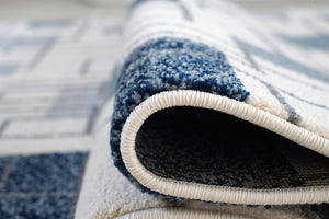 Close-up of a blue and white patterned rug with textured border.