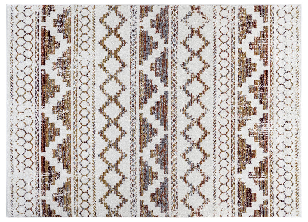 Patterned rug with geometric design on a white background