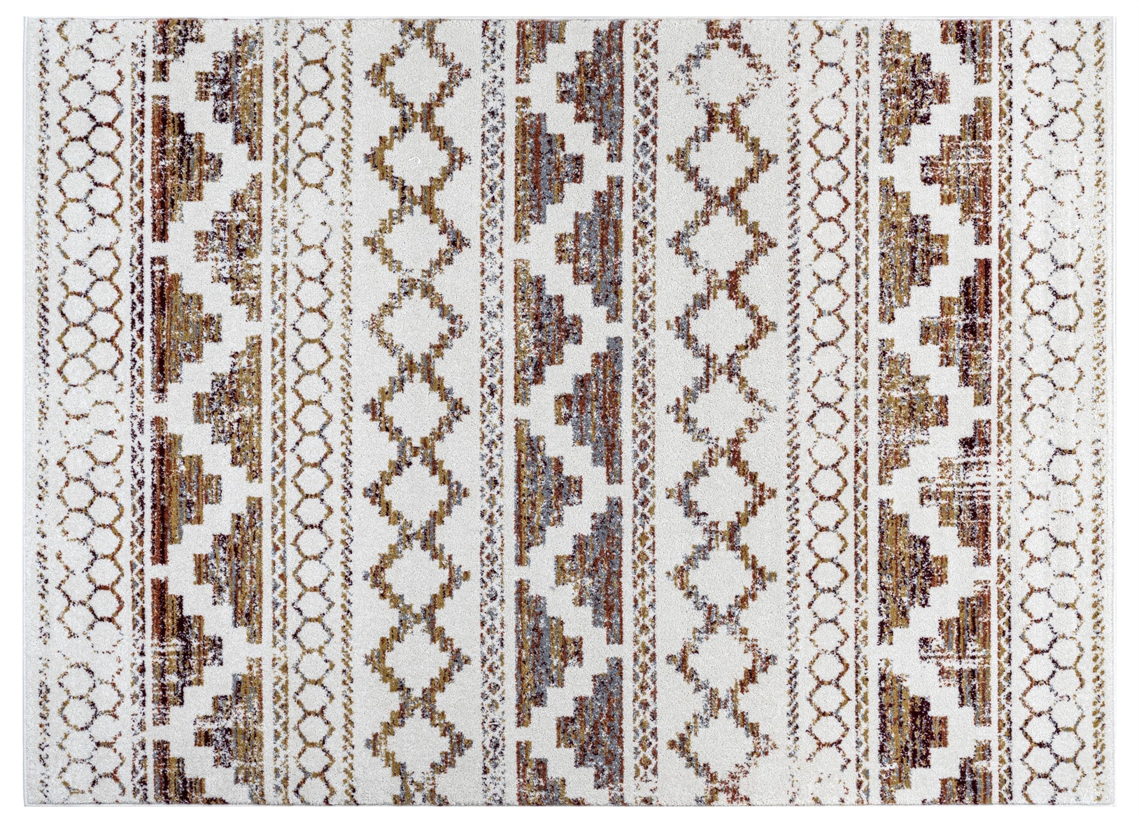 Patterned rug with geometric design on a white background