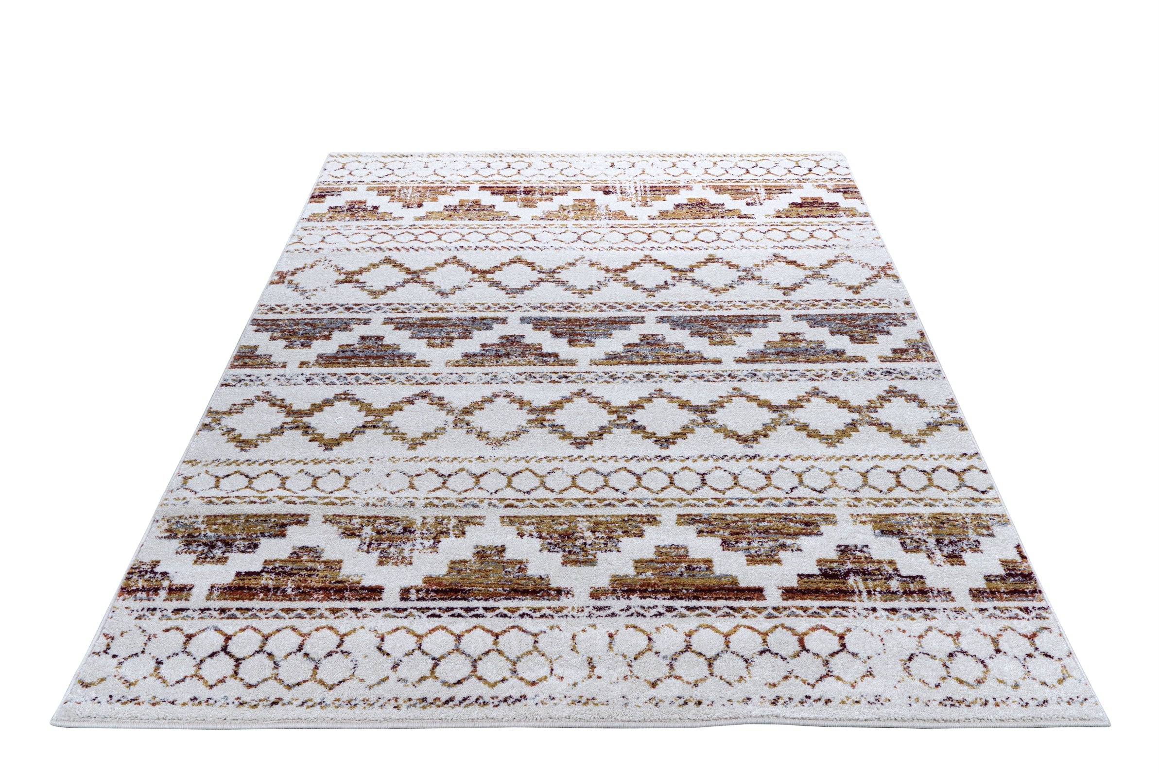 Patterned rug with brown and beige design on a white background