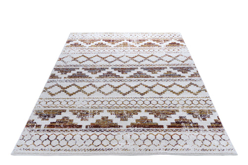 Patterned rug with brown and beige design on a white background