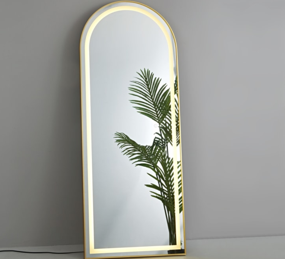Arched mirror with a plant reflection on a gray wall