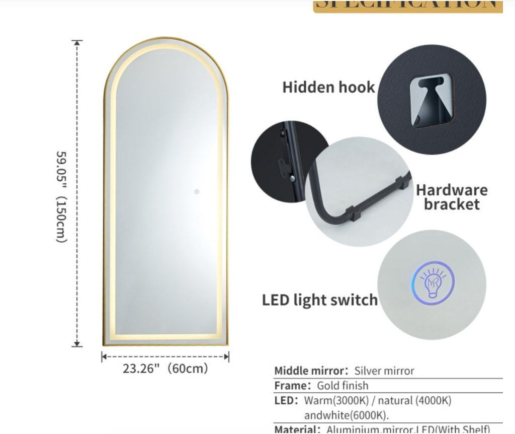 Product details of a mirror with hidden hook, hardware bracket, and LED light switch on a white background.