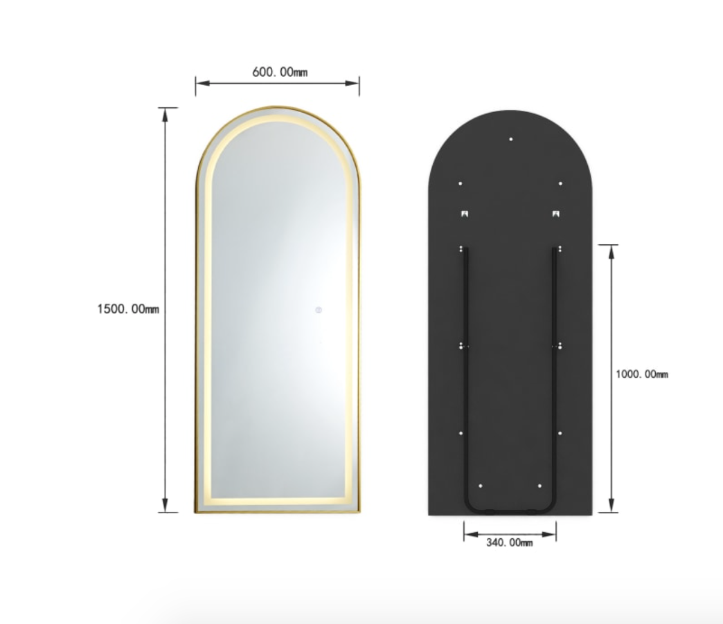 Measurement chart of a mirror and a black wardrobe with dimensions labeled.