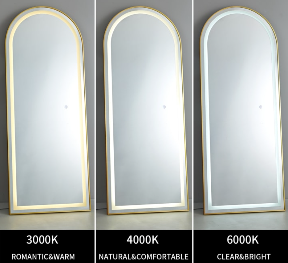 Three arched mirrors with different color temperature labels on a gray background