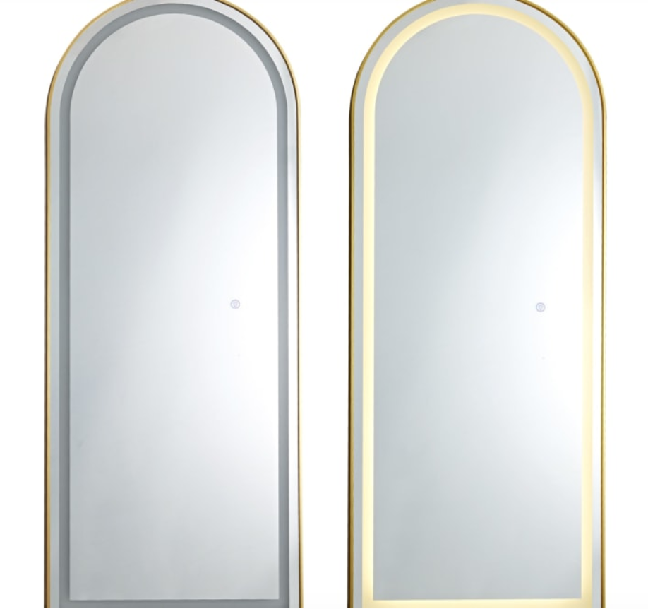 Two arched mirrors with gold frames on a white background