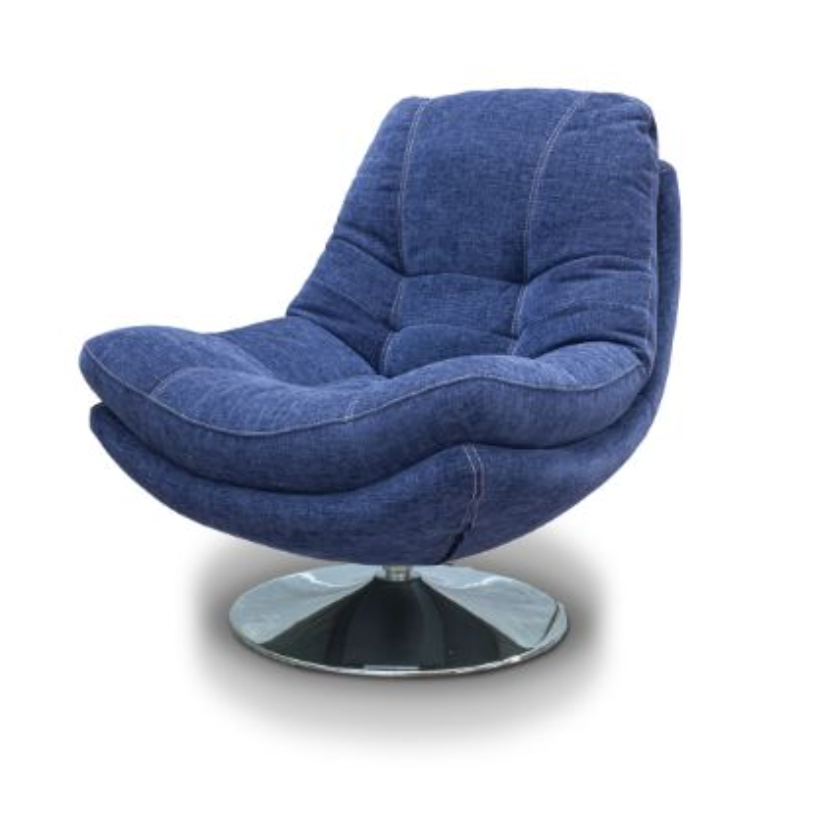 Blue upholstered chair with a metallic base on a white background