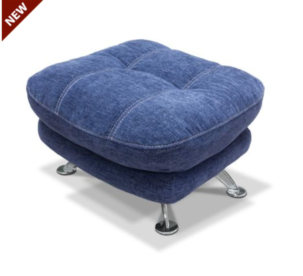 Blue ottoman with tufted design and chrome legs on a white background