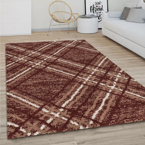 Brown and beige checkered rug on a wooden floor in a living room setting.