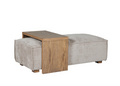 Gray upholstered ottoman with a wooden table extension on a white background