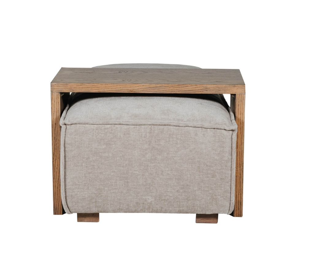 Square ottoman with wooden frame and upholstered seat on a white background