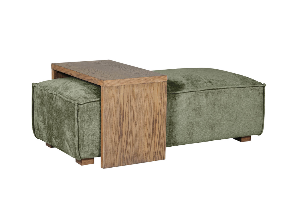Wooden table with green upholstered benches on a white background